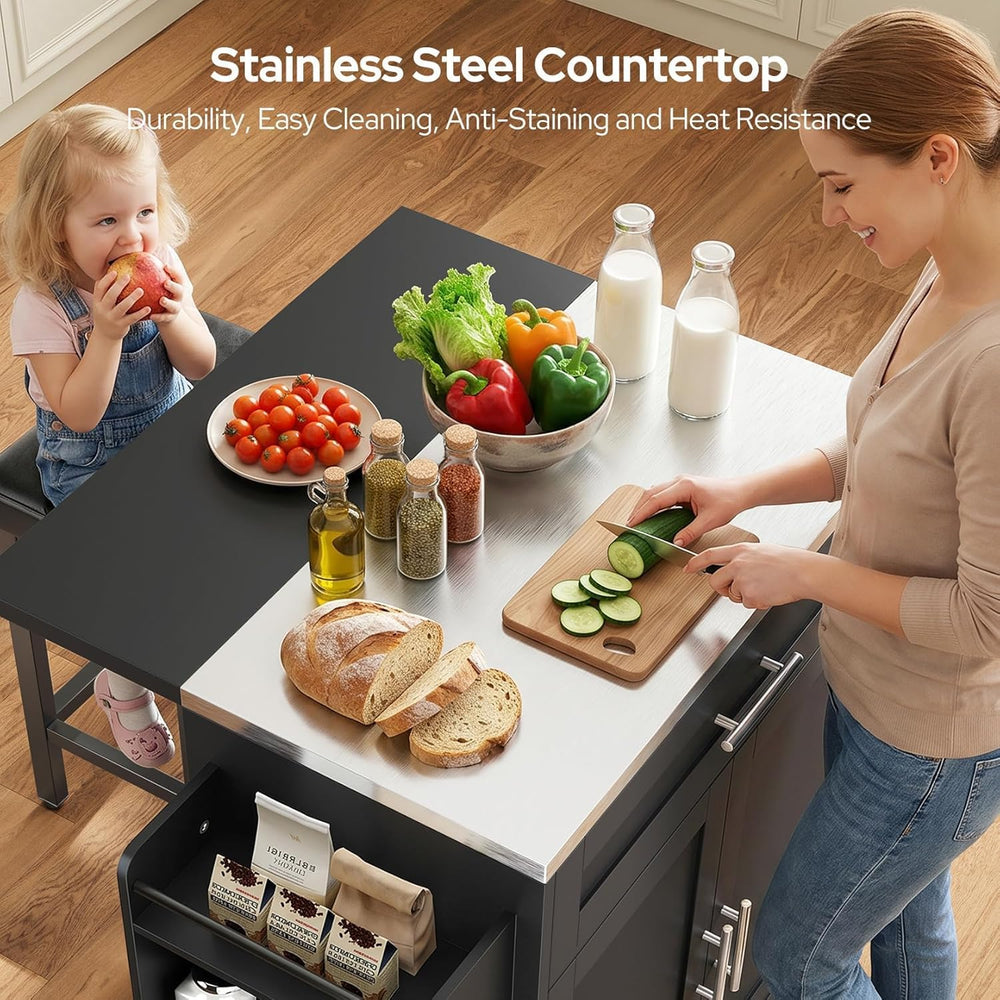 Concho 41" Kitchen Island with Stainless Steel Countertop and Seating Black
