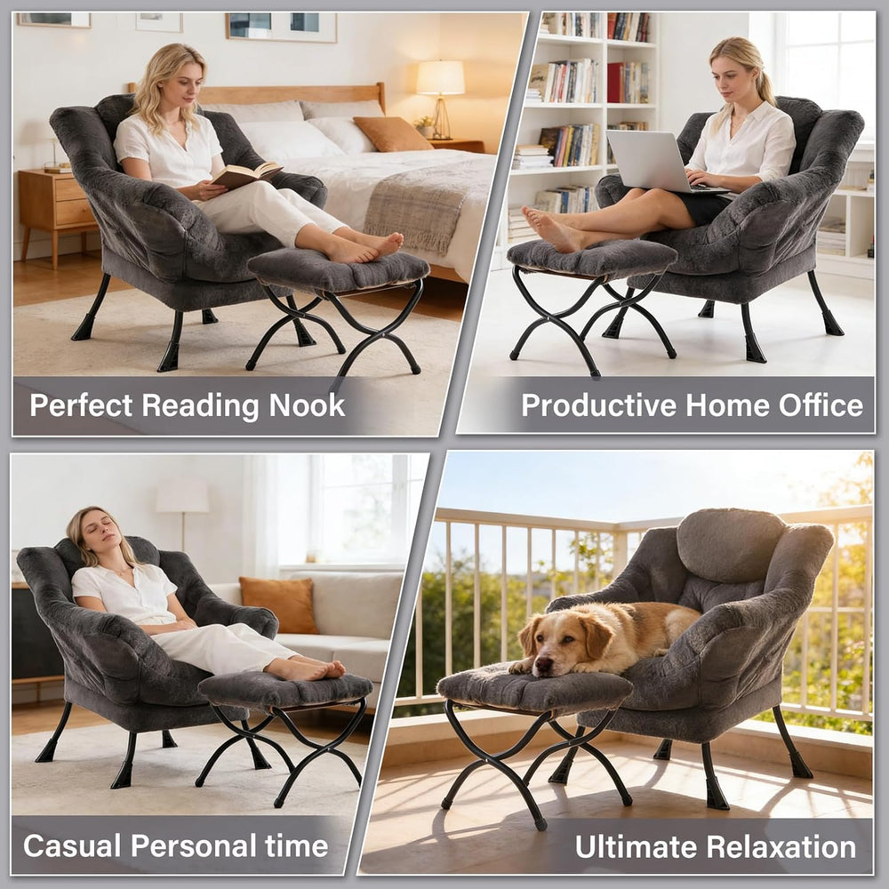 Plush Lazy Chair and Ottoman, Large Dark Grey Contemporary Accent Chair with ...