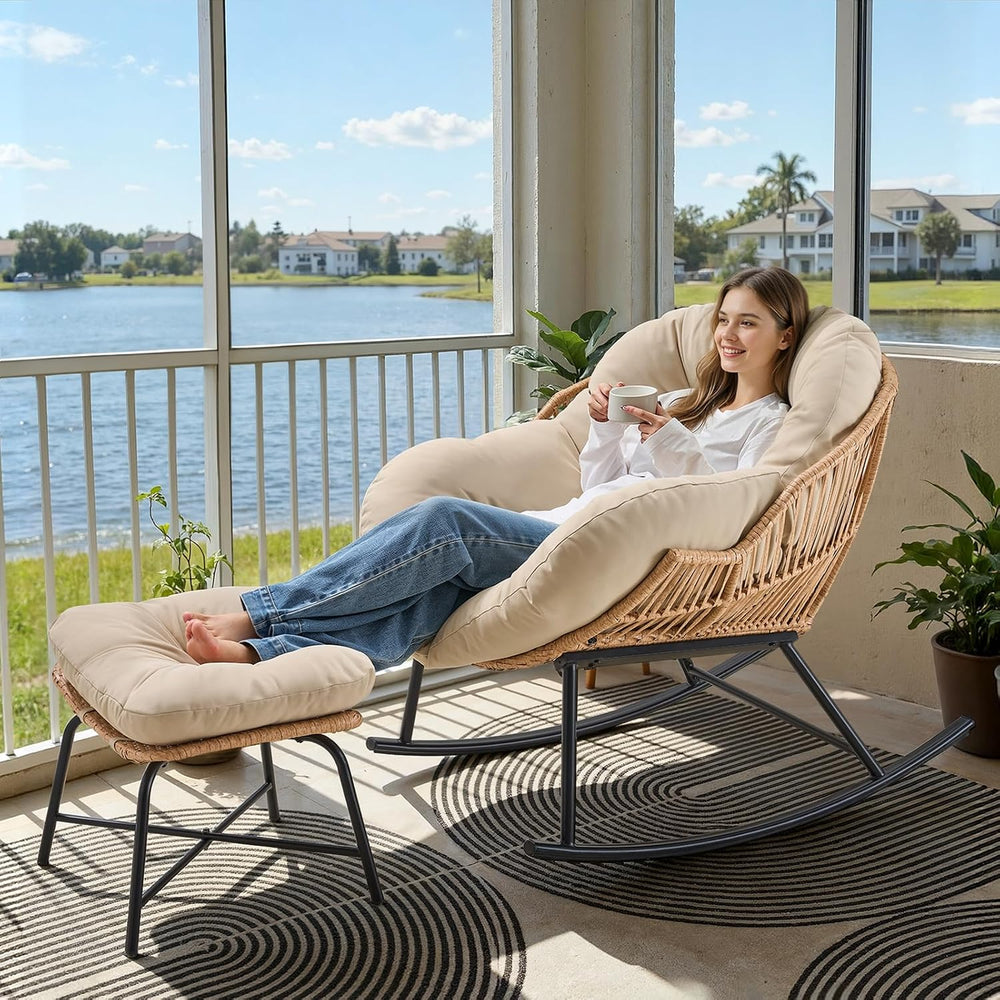 Papasan Rocking Chair with Ottoman, Oversized Papasan Chair, Beige