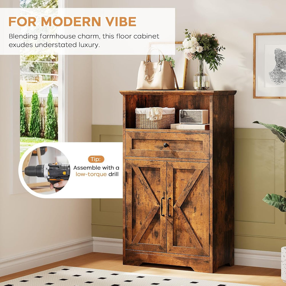 Floor Cabinet, Farmhouse Storage Cabinet with Barn Doors and Drawers