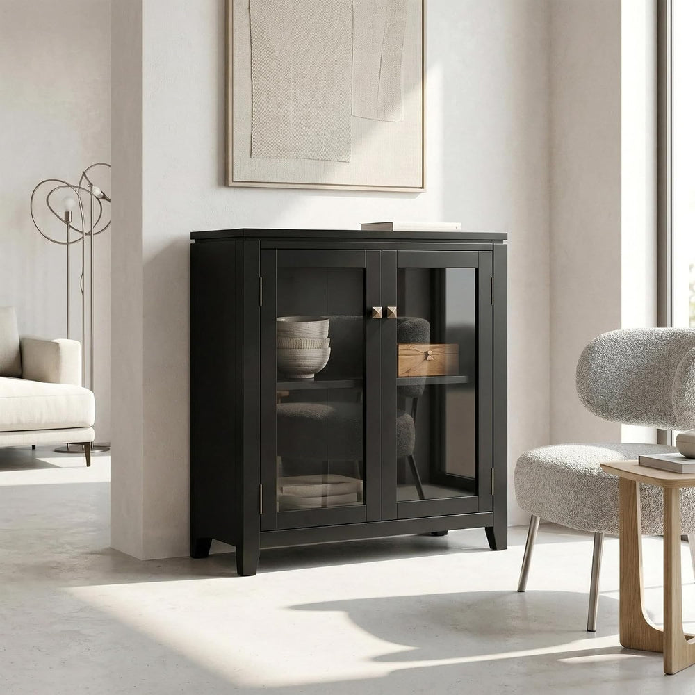 SIMPLIHOME Cosmopolitan 30" Wide Solid Wood Storage Cabinet in Black