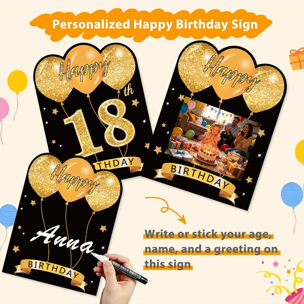 18 Pcs Happy Birthday Yard Sign with Stakes, Gold Happy Birthday Yard Sign wi...
