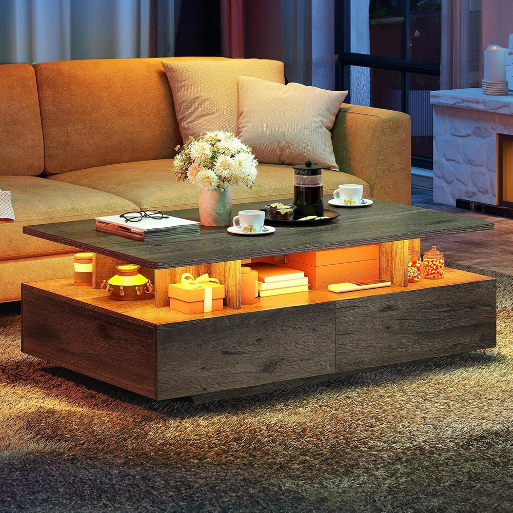 YITAHOME LED Farmhouse Coffee Table with 4 Drawers & Storage, Grey