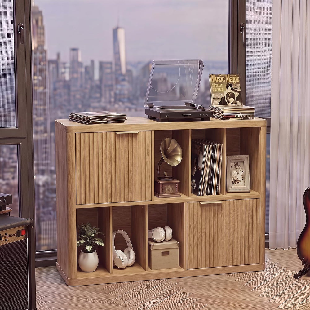 LELELINKY Large Record Player Stand - 39.5" Record Cabinet with Open Vin...