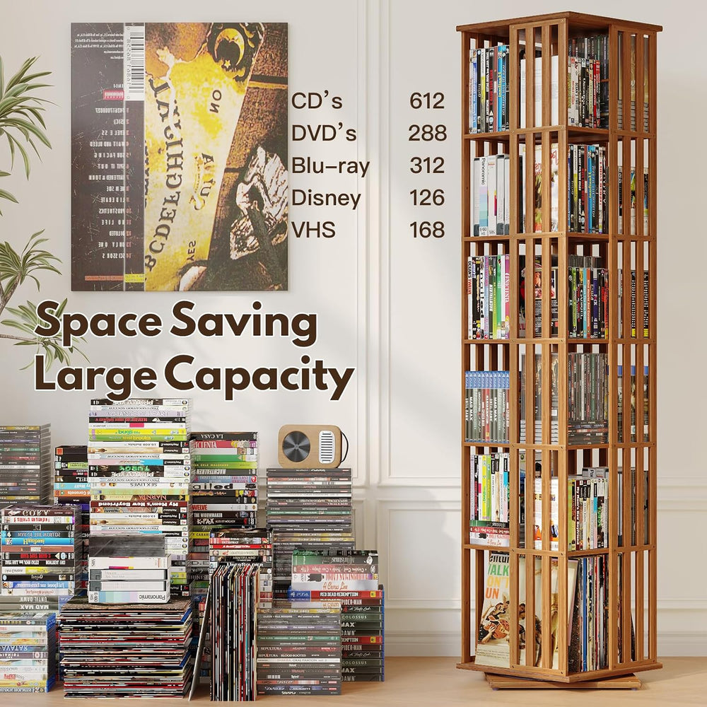 XIMN 360° Rotating Bamboo CD/DVD Shelf - 6-Tier Space-Saving Media Storage Ca...