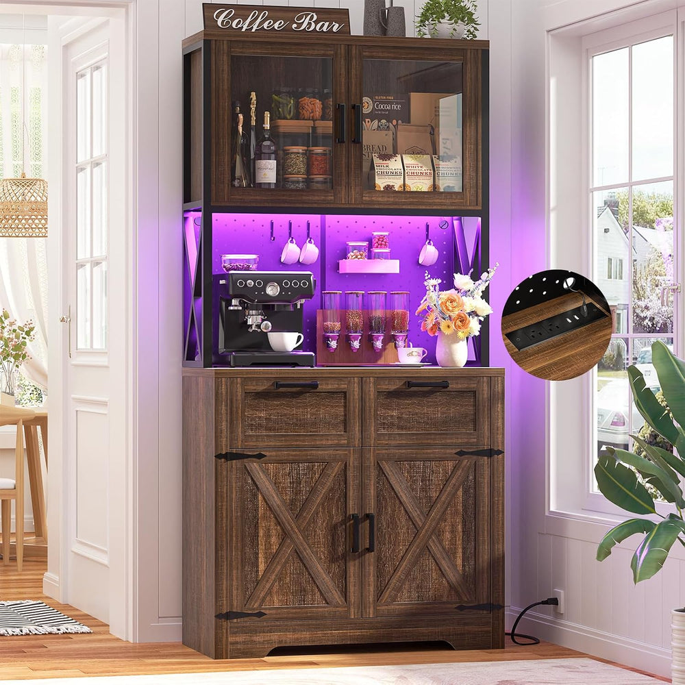 Unikito 71" Kitchen Pantry Cabinet with LED Light & Outlet, Microwav...