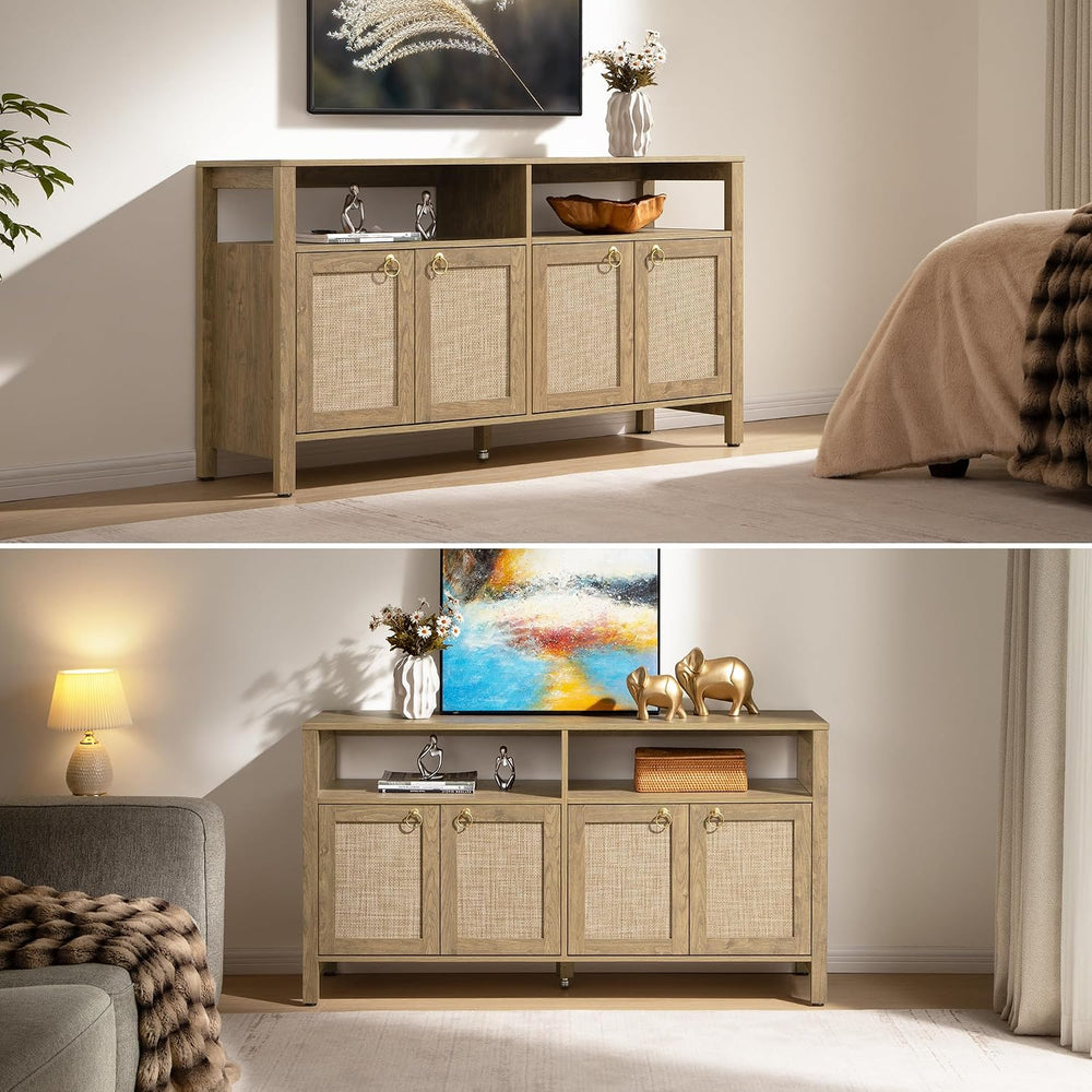 SICOTAS Rattan TV Stand Entertainment Center Storage Cabinet with 4 Doors