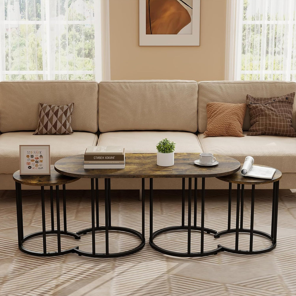 GIANTEX Nesting Coffee Table Set of 3, Living Room Table Set, Brown