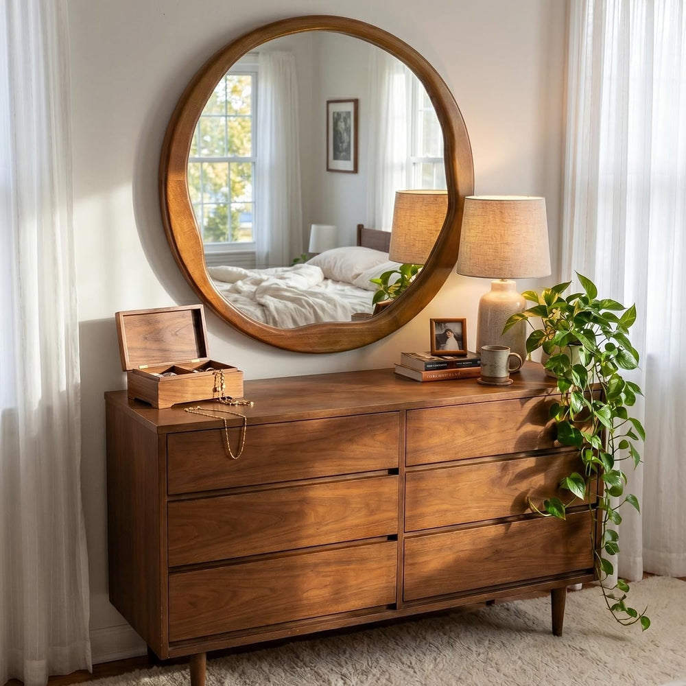 Warm Walnut 24 Inch Round Wood Wall Mirror, Asymmetrical Inner Edge