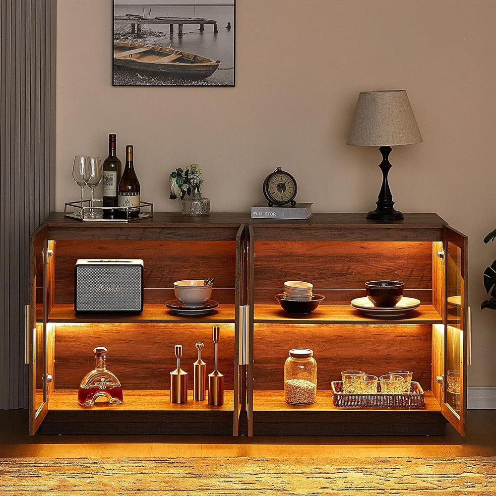 AMERLIFE Modern Sideboard Buffet Cabinet with Storage & Glass Doors, Brown