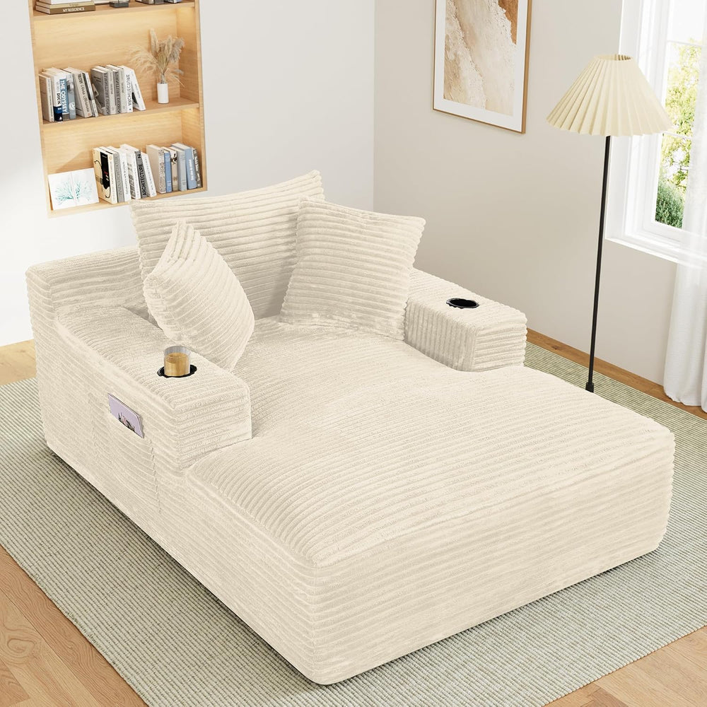 68" Oversized Boneless Chaise Lounge Chair Indoor with Cup Holders,Beige