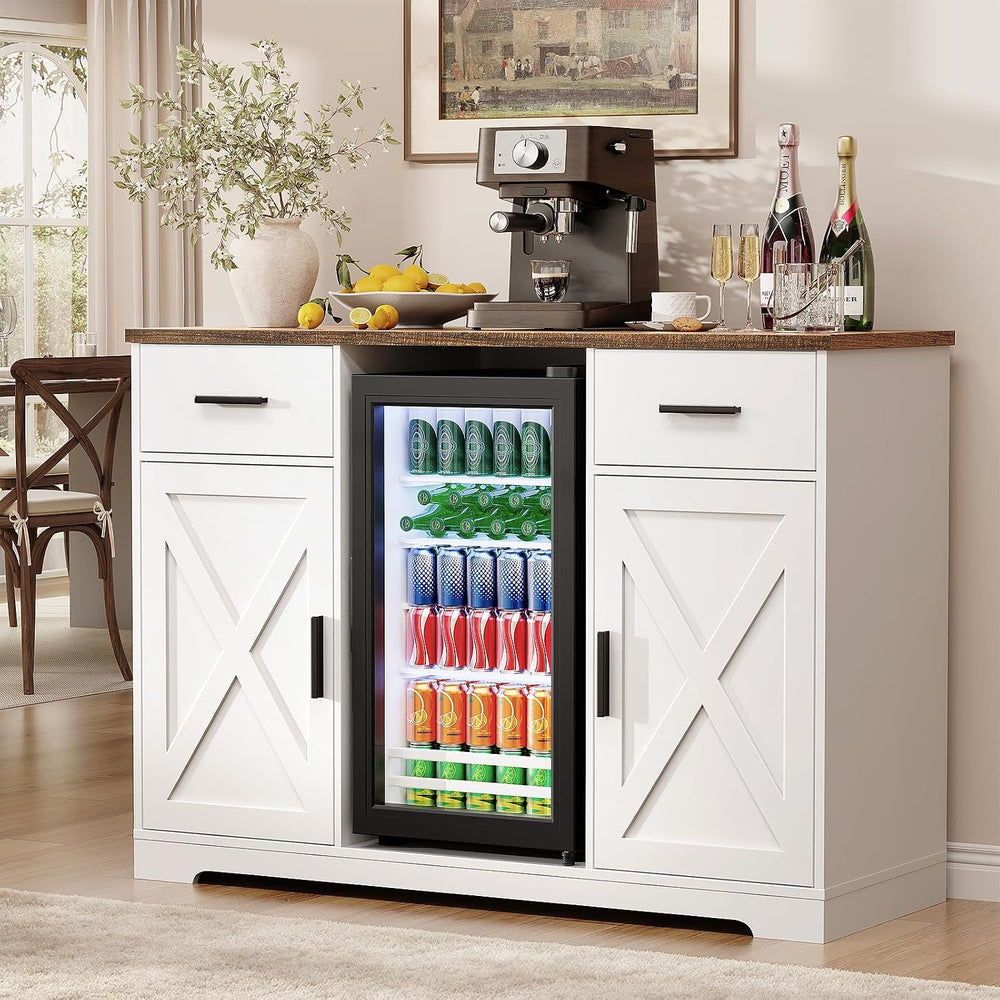 47" Farmhouse Coffee Bar Cabinet with Fridge Included, White