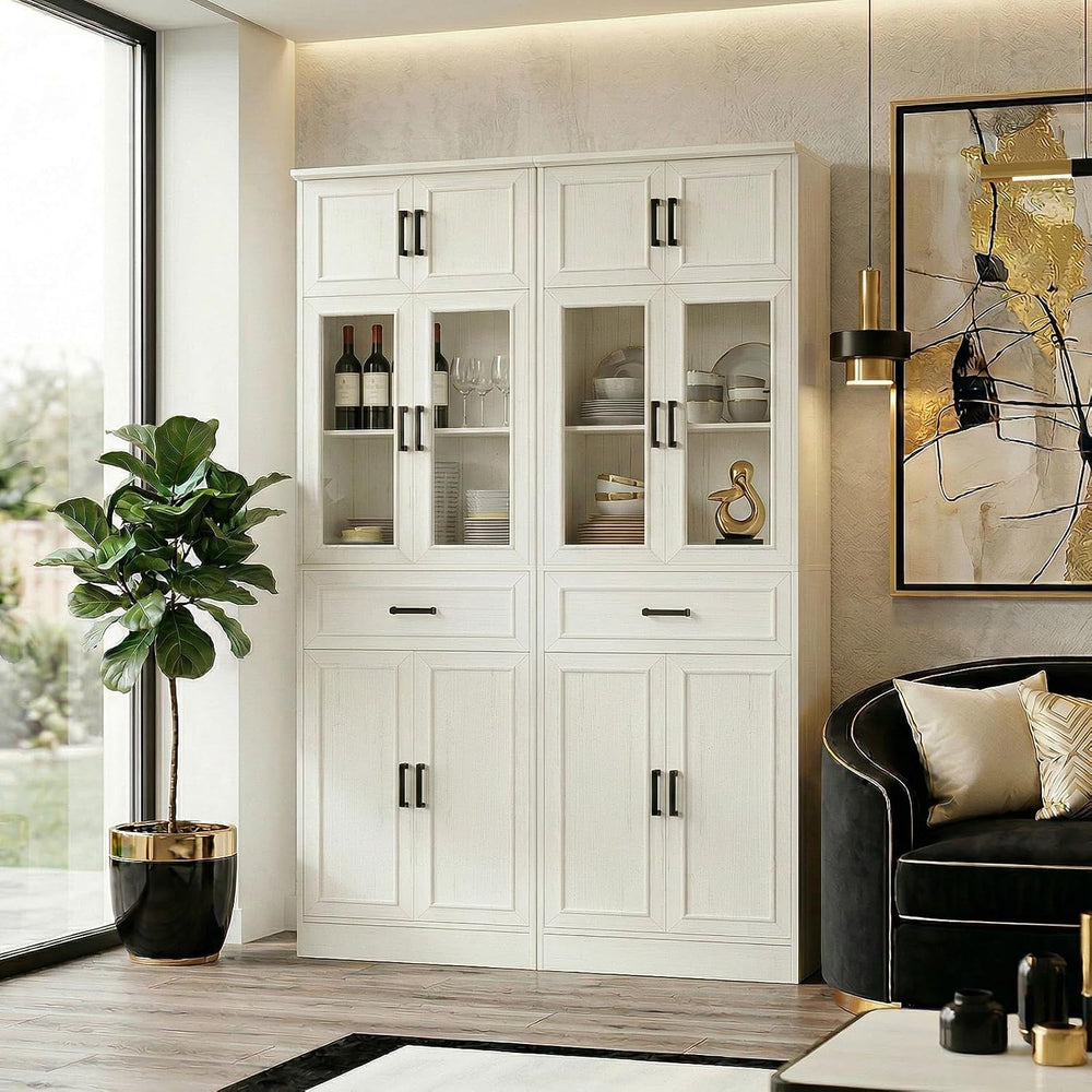 Unikito 80" Kitchen Pantry Cabinet with Glass Doors and Drawer Organizer