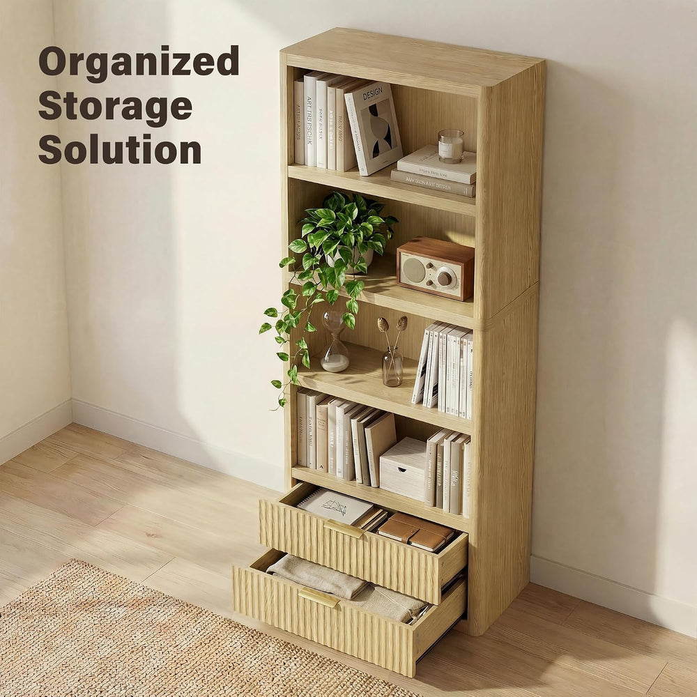 YESHOMY 79" Tall Wooden Bookshelf with Drawers, Modern Fluted Bookcase w...
