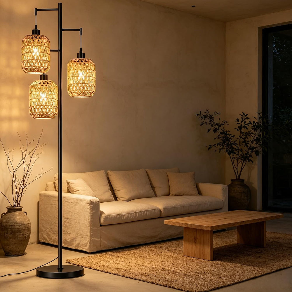 QIYIZM Floor Lamp for Living Room,Bedroom,3-Lights Boho Rattan Tree Floor Lig...