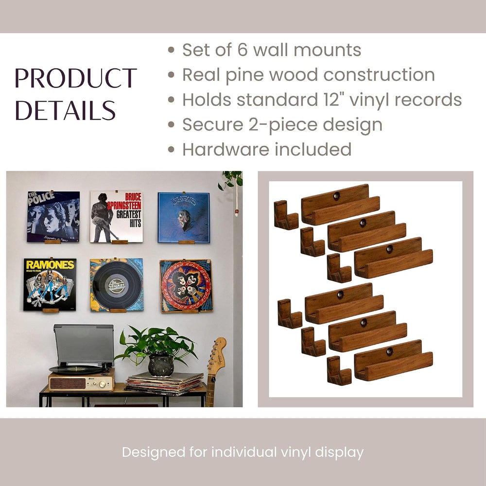 Vinyl Record Wall Mount – Pack of 6 Floating LP Album Display Holders | Pine ...