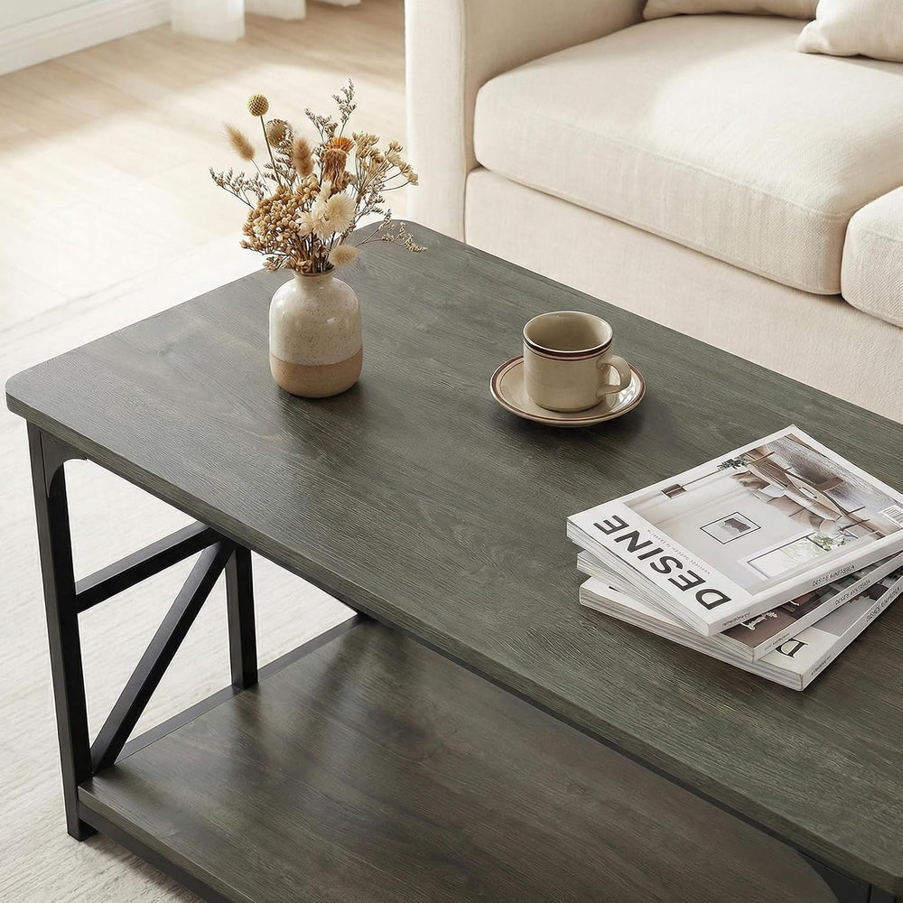 COSTWAY 43" 2-Tier Industrial Coffee Table with Storage, Grey Oak+Black