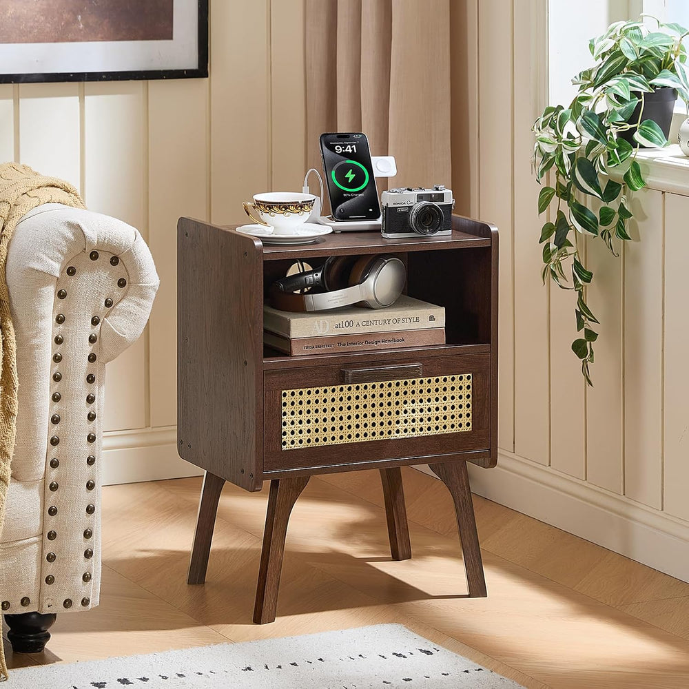 Lerliuo Rattan Nightstand with Charging Station, Side Table with Drawer