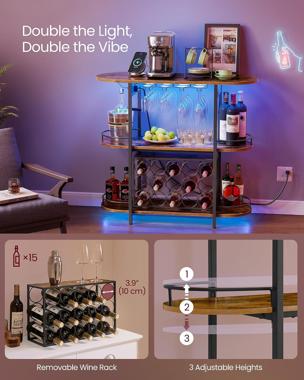VASAGLE Bar Cabinet with LED Lights and Power Outlets, Wine Rack Coffee Bar
