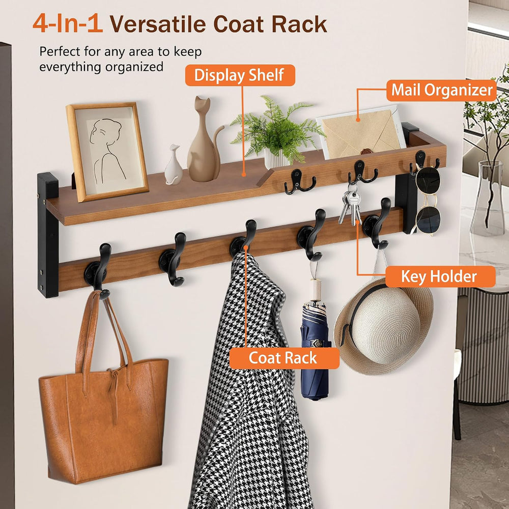 25.2" 4-in-1 Wall Mount Coat Rack with Shelf, Key Holder & Mail Orga...