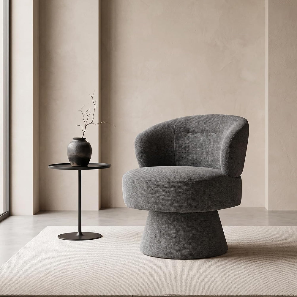 360° Swivel Accent Chair, Gray Chenille Barrel Armchair with Curved Back and ...