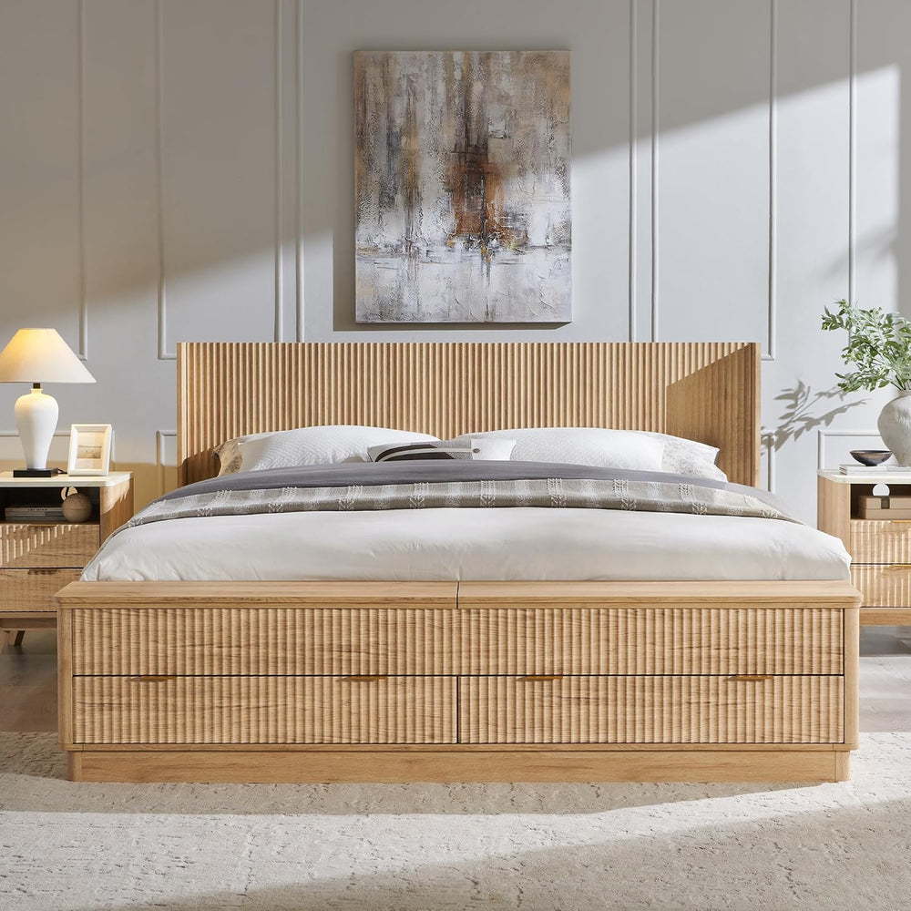 T4TREAM Fluted King Bed with Headboard and Storage Bench, Natural Oak