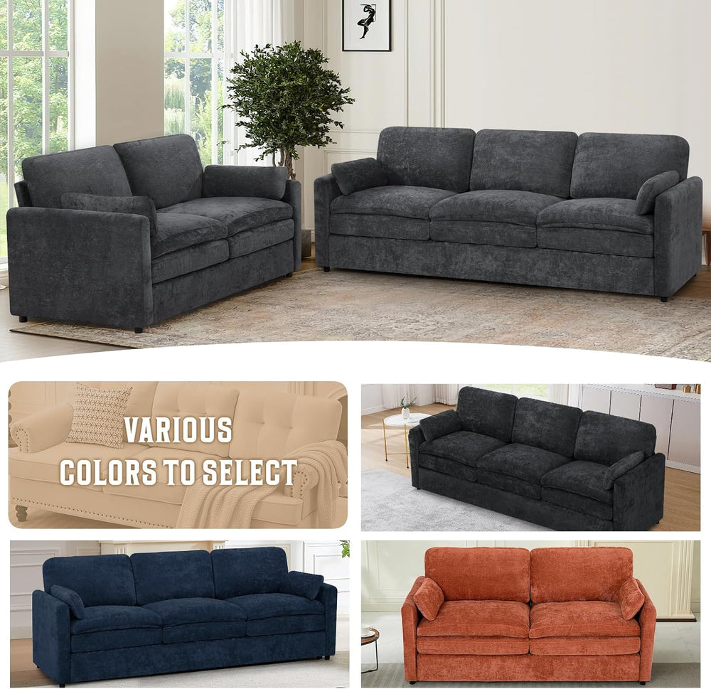 Comfy Chenille Sofa Set with Well-Filled Pillows, Dark Grey