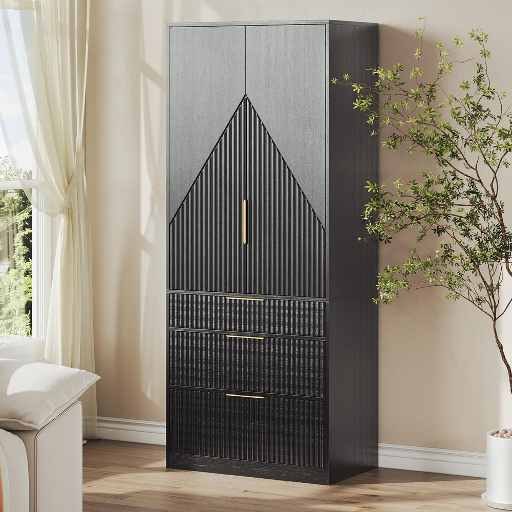 TOKSOM 70" Wardrobe Armoire Wooden Closet with 2 Doors and 3 Drawers, Be...