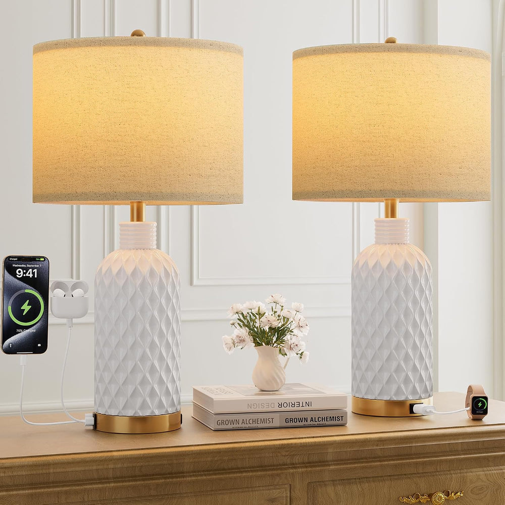 SIBRILLE 25" Ceramic Table Lamps Set of 2, White, USB-C/USB-A & AC O...