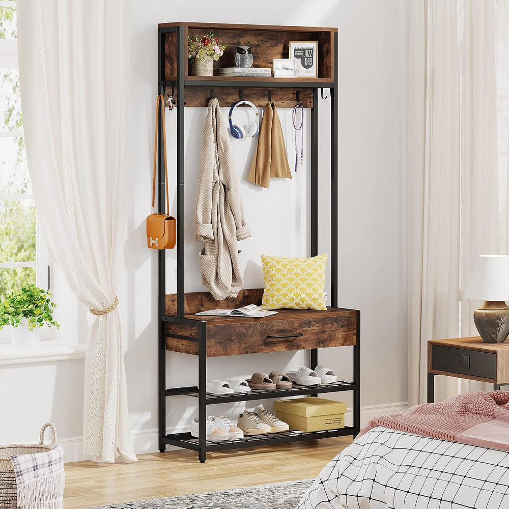Tribesigns 3-in-1 Entryway Hall Tree with Shoe Bench and Hutch, Brown