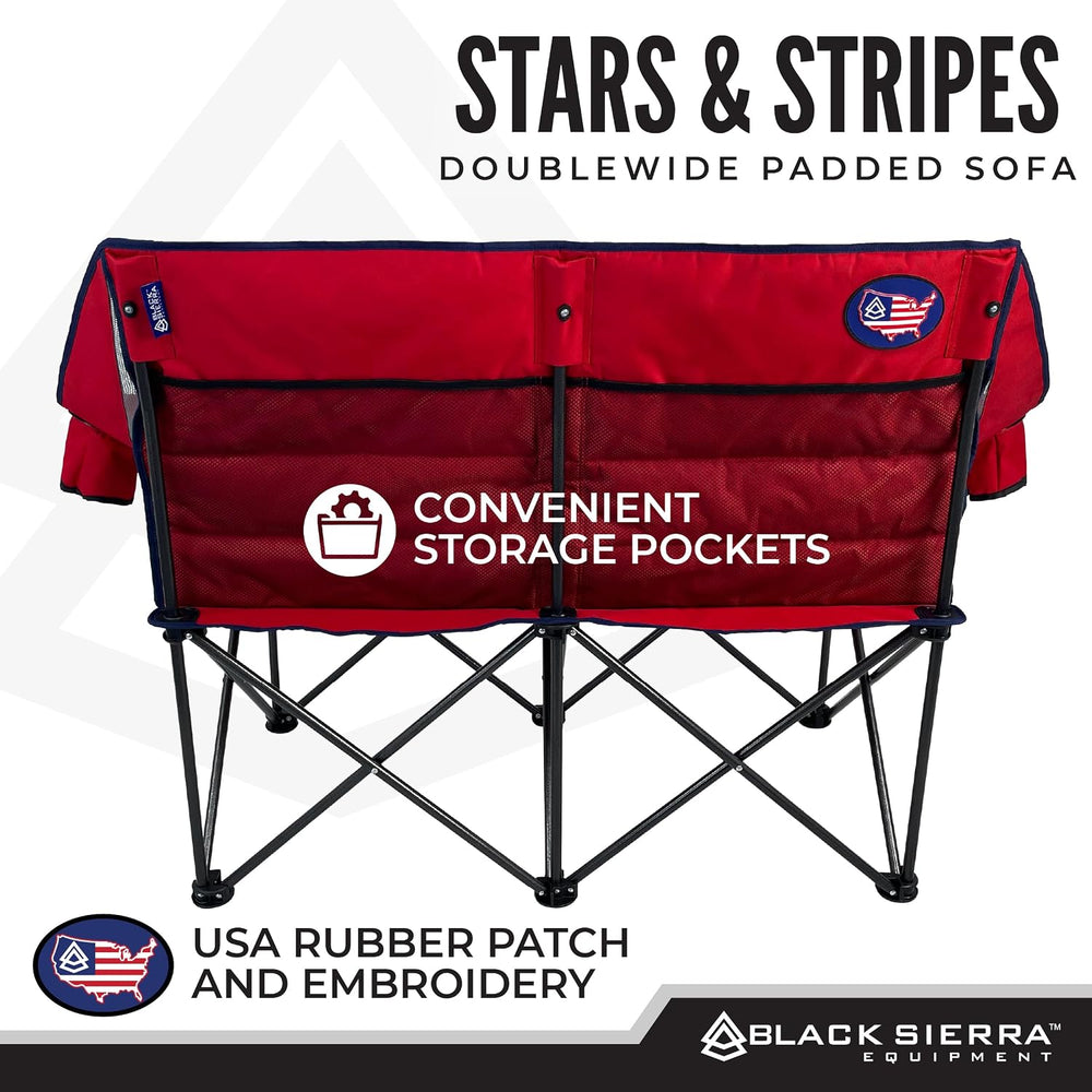 Black Sierra Double Camping Chair Loveseat, Oversized Padded, 600 lb