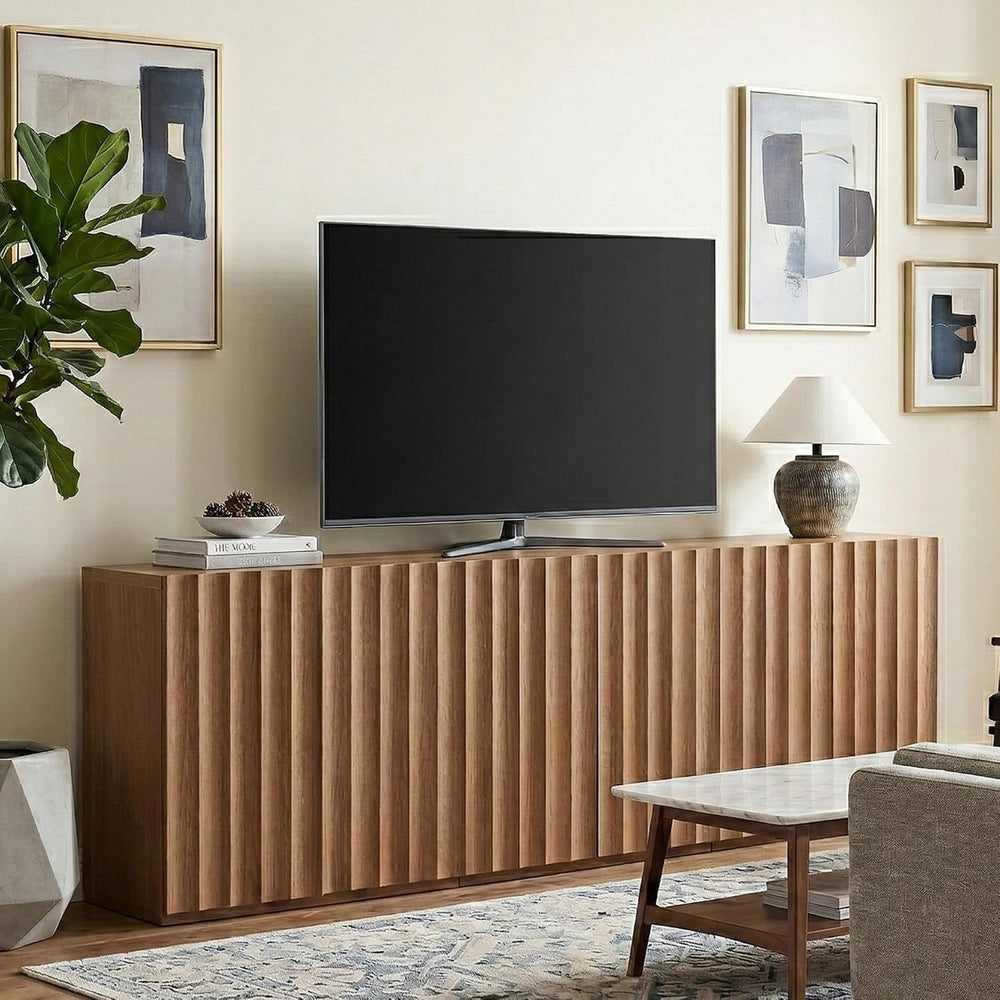 VividVibe Sideboard Cabinet, 62.74" Buffet Fluted Cabinet, Amber Oak
