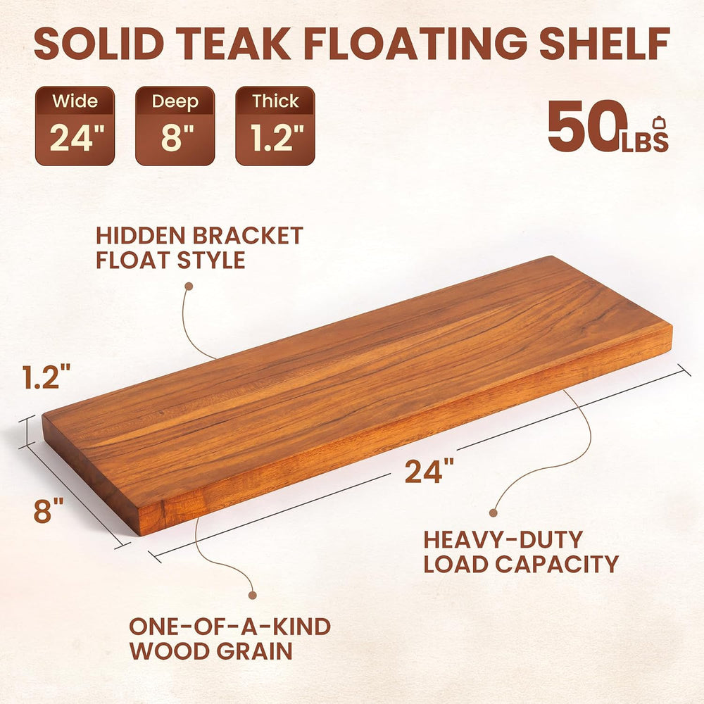 24" Teak Floating Shelves, Natural - Set of 2