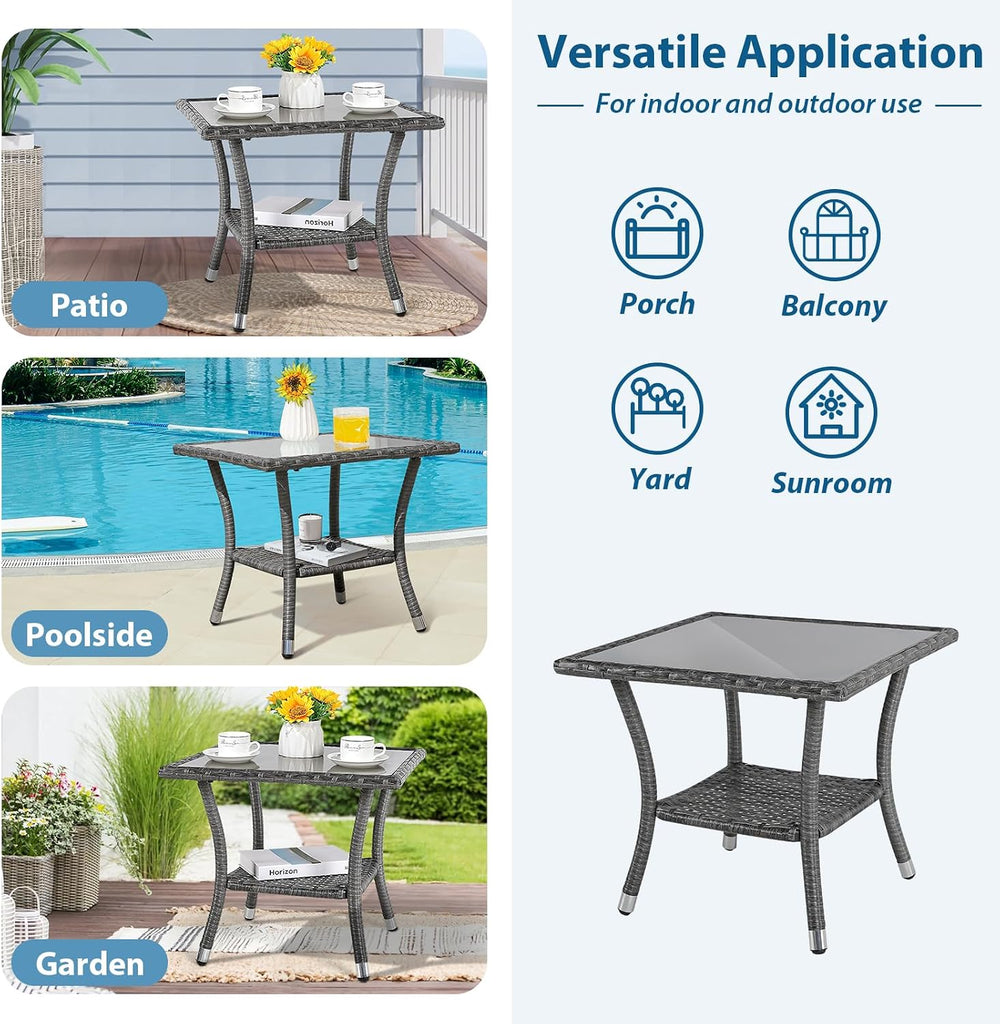 Super Patio Outdoor Side Table, Wicker Patio Coffee Table w/Glass Top, Gray