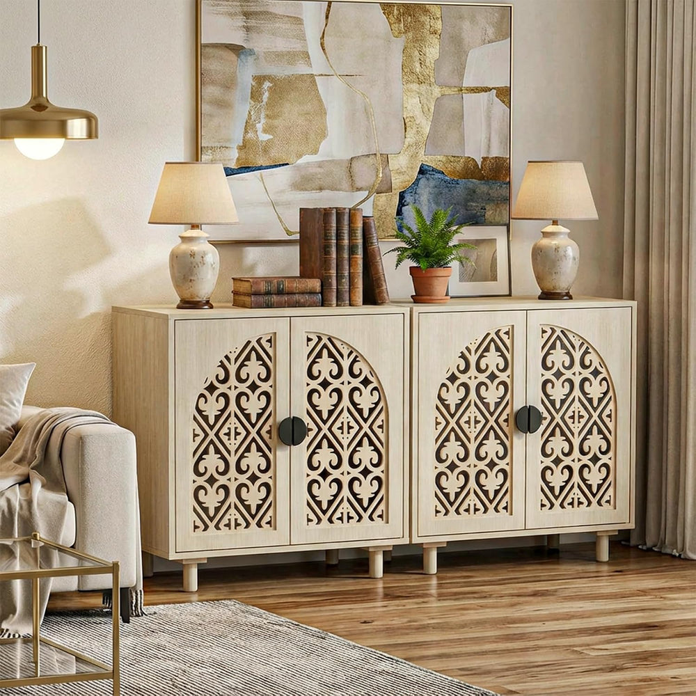 Boho Sideboard Buffet Cabinet with Adjustable Shelves, (Beige)