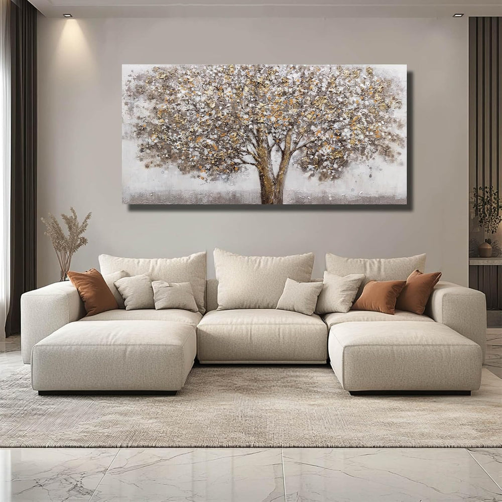 Large Framed Neutral Tree Landscape Wall Art for Living Room,29x58 In