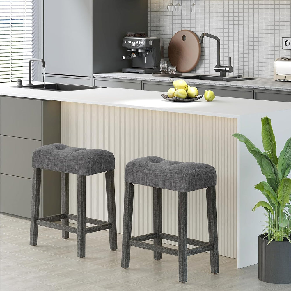 GIANTEX 24" Saddle Bar Stools Set of 2, Farmhouse Button Tufted Barstools