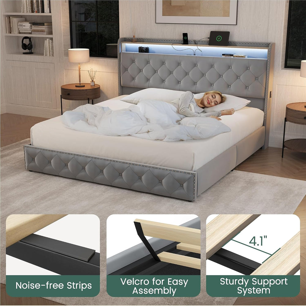 LARMACE King Bed Frame with 4 Storage Drawers, LED & Charging Station