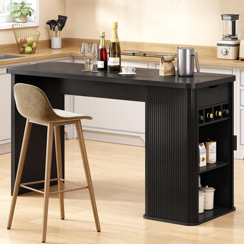 ONBRILL 59 Inch Fluted Kitchen Island with Storage Black