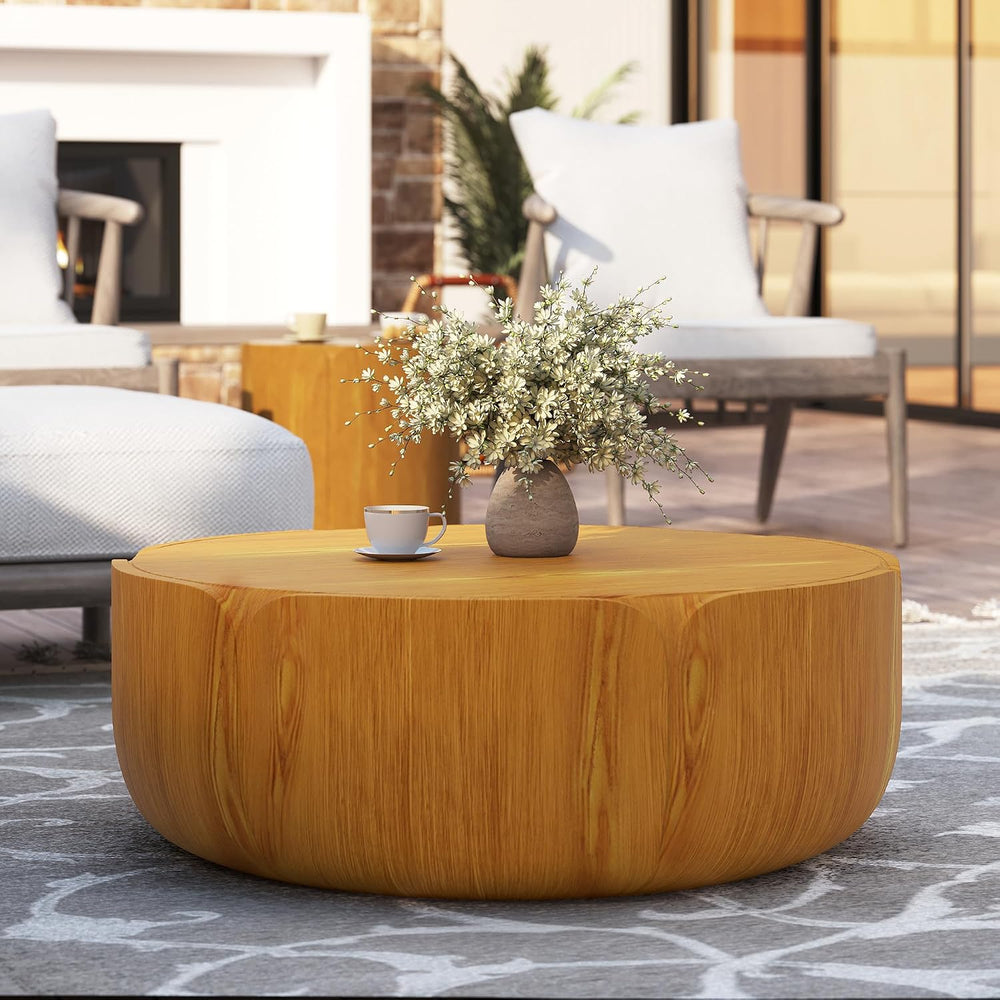 35.63" Round Outdoor Indoor Coffee Table - Modern Wood Grain Drum Center...