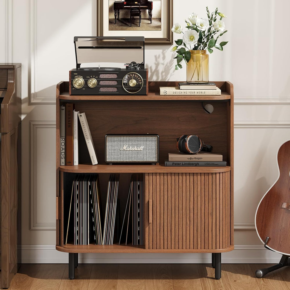 ONBRILL Mid Century Modern Record Player Stand with Charging Station,Walnut