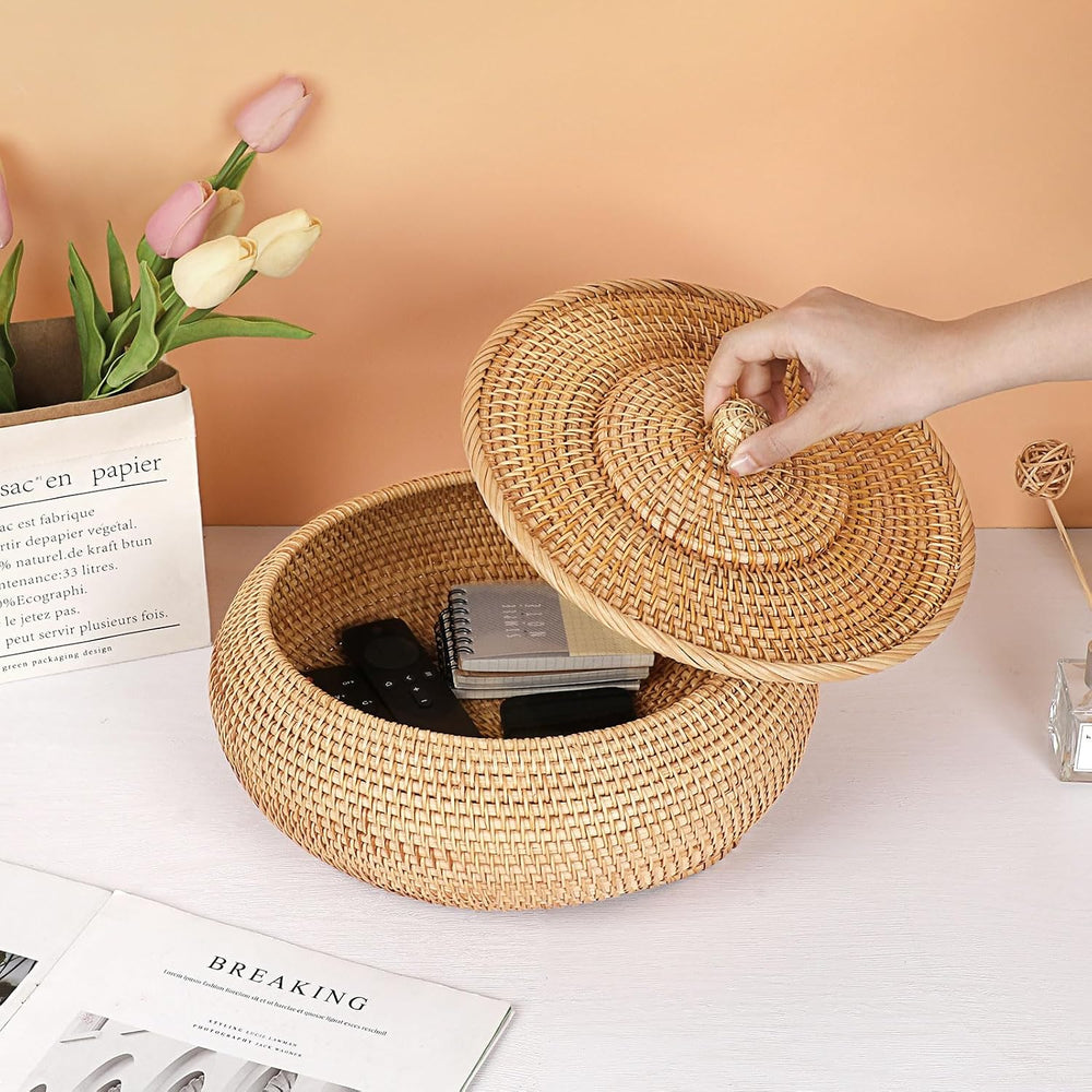 Hipiwe Round Rattan Boxes with Lid, X-Large Woven Wicker Bread Basket Bin