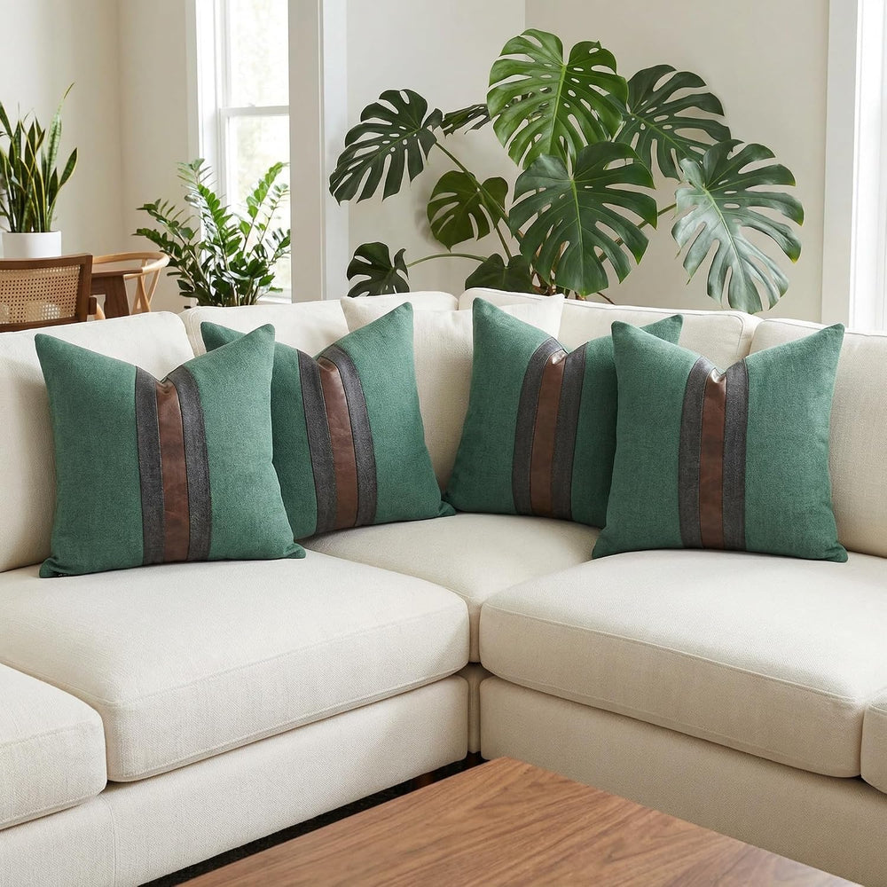 Set of 2 Leather Throw Pillow Covers Cotton Linen Decor Patchwork Pillow Cove...