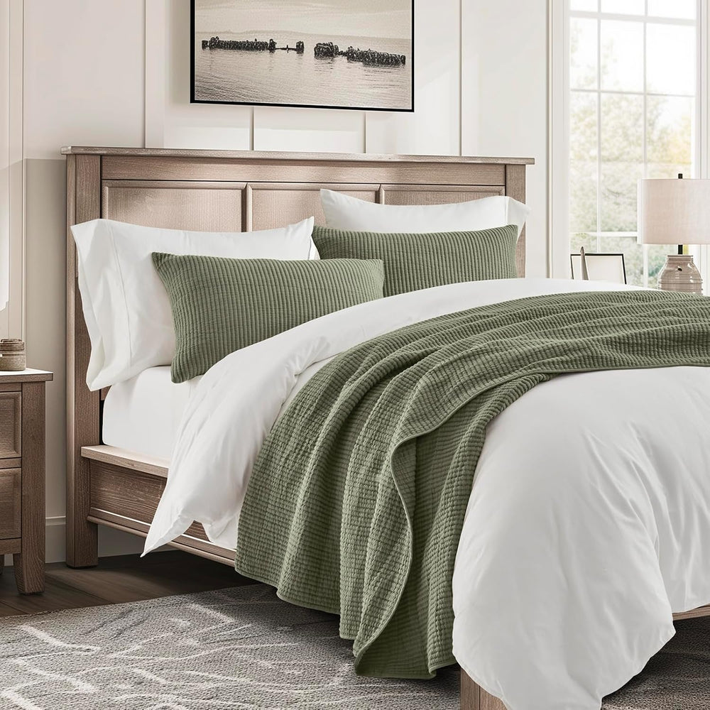 EverGrace Cotton Ribbed Matelassé Coverlet Set, King Size, Olive Green