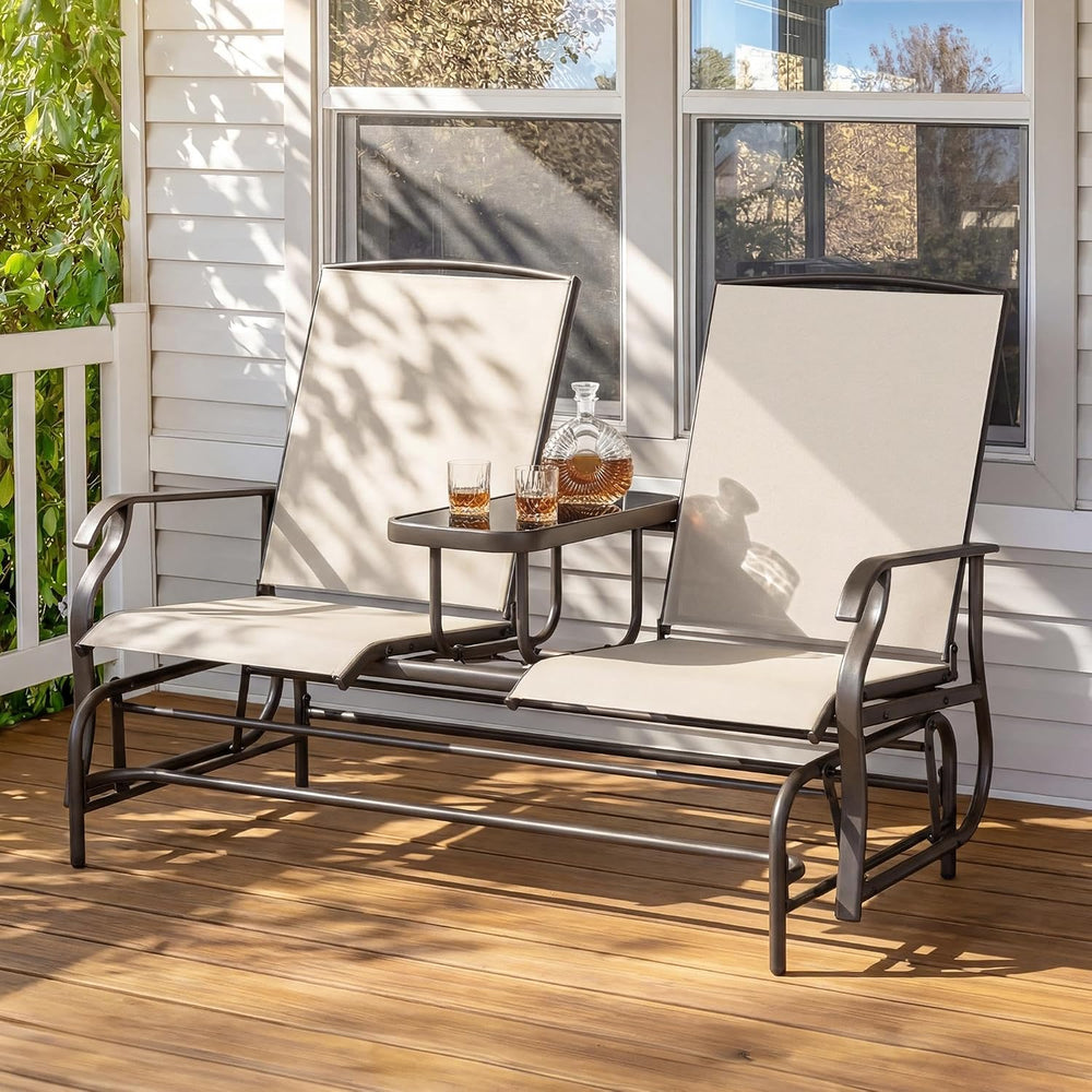Yaheetech Outdoor Glider Loveseat with Table Patio Bench, Beige