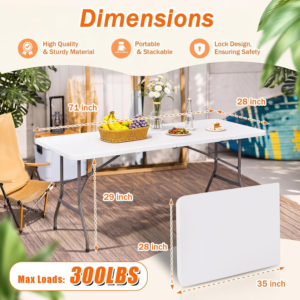 6FT Portable Folding Table, White Square Card Table with Carrying Handle &...