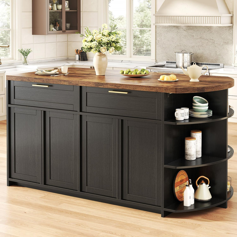 HSH 63 Inch Large Kitchen Island with Storage and Seating, Rustic Brown