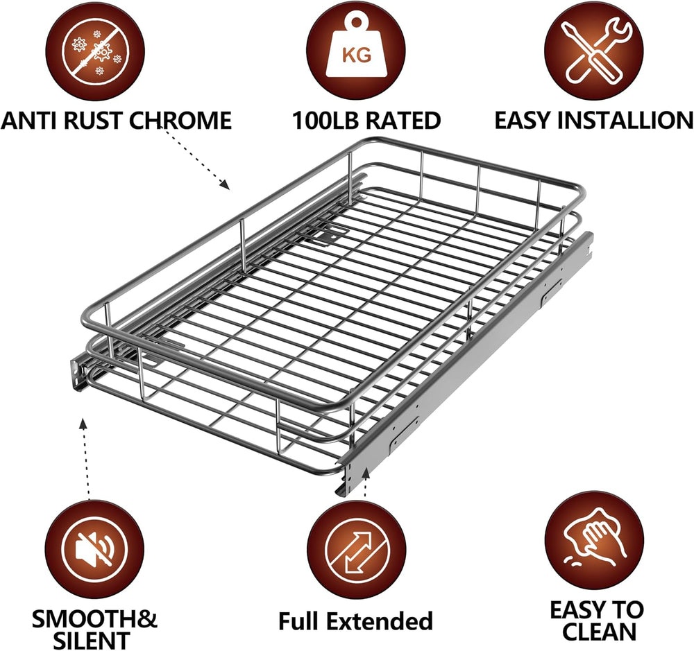 JOWBOOW Pull Out Shelves For Kitchen Cabinets 11" W x 21" D, Chrome
