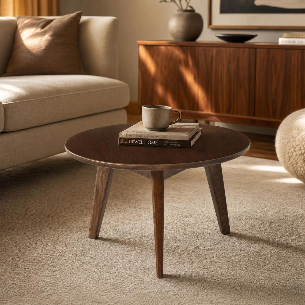 100% Solid Wood Round Coffee Table, Small Coffee Table w/Sturdy Legs, Wood Si...