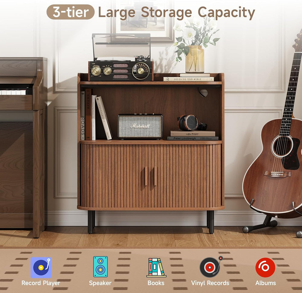 ONBRILL Mid Century Modern Record Player Stand with Charging Station,Walnut